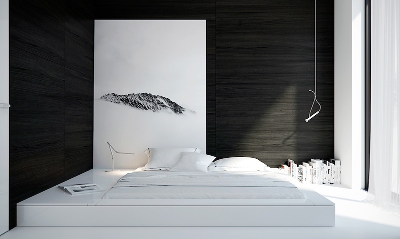 intérieur blanc chambre-adulte-lit-plate-forme-rangement-panneau