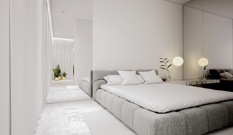 intérieur-blanc-chambre-lit-tapissé-tissu-gris-miroir-sol-plafond