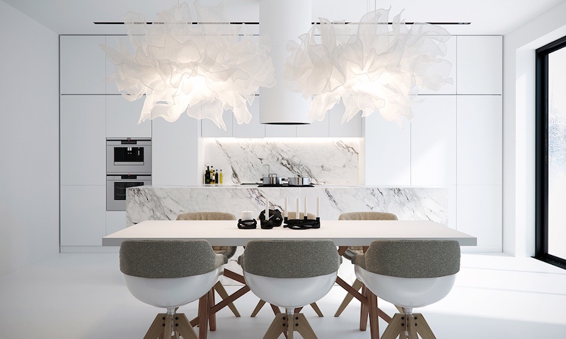 intérieur blanc cuisine-ouverte-salle-manger-suspensions-design