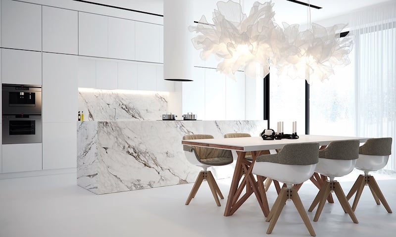 intérieur blanc cuisine-salle-manger-chaises-design-suspensions