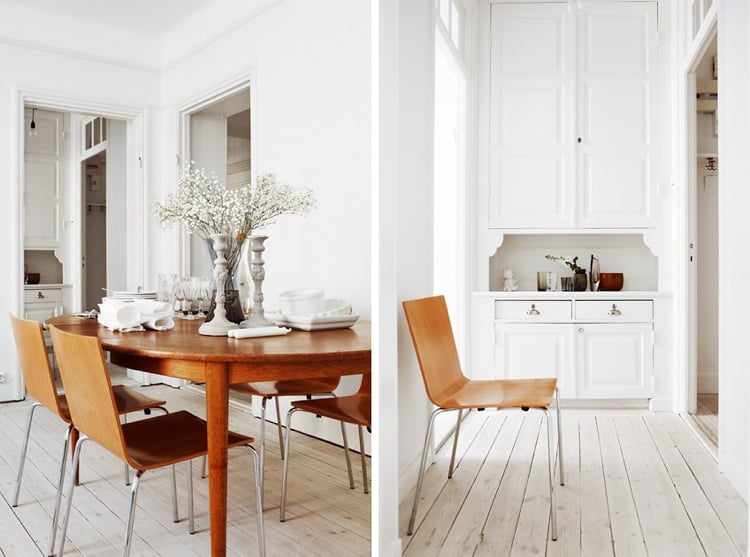 intérieur blanc et bois -salle-manger-blanche-parquet-blanchi-table-manger-chaises-bois