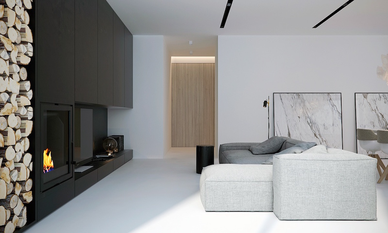 intérieur blanc meuble-télé-noir-mat-canapé-modulable-gris-perle