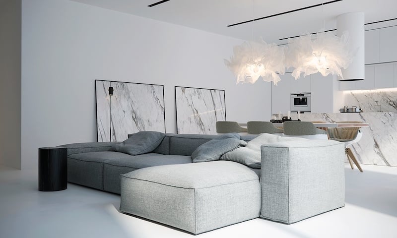 intérieur blanc salon-grand-canapé-angle-modulable-tissu-gris-chiné