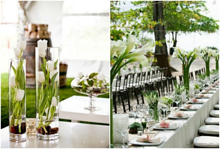 jolies tables de fête décorées-tulipes-arum-blancs