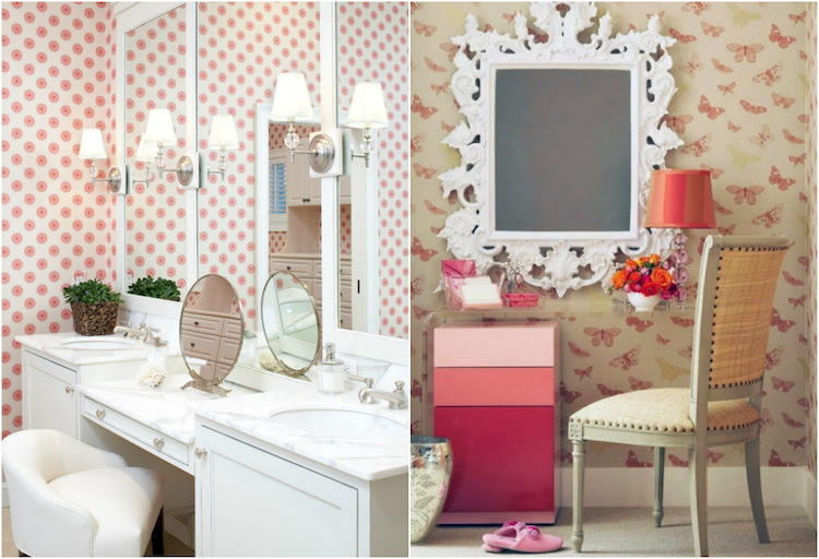 meuble coiffeuse blanche-rose-dégradé-miroir-fond-papier-peint-chic