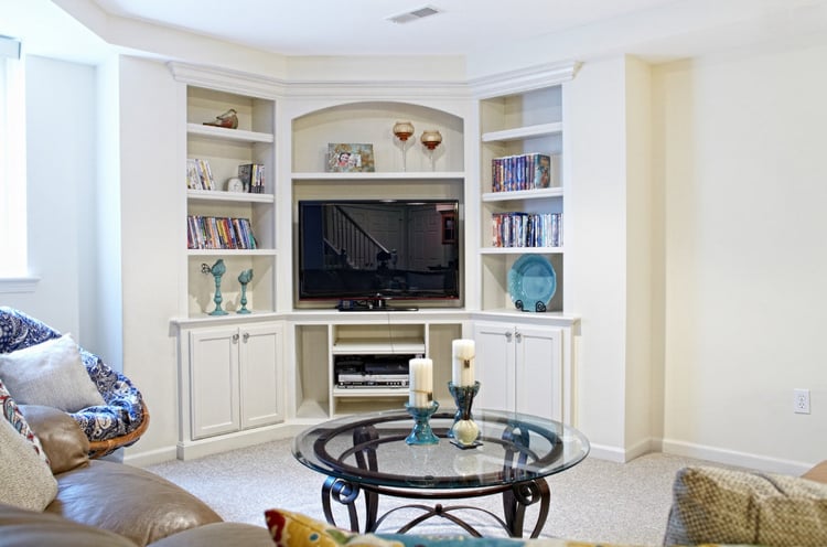 meuble d’angle -meuble-tv-angle-blanc-étagères-armoires