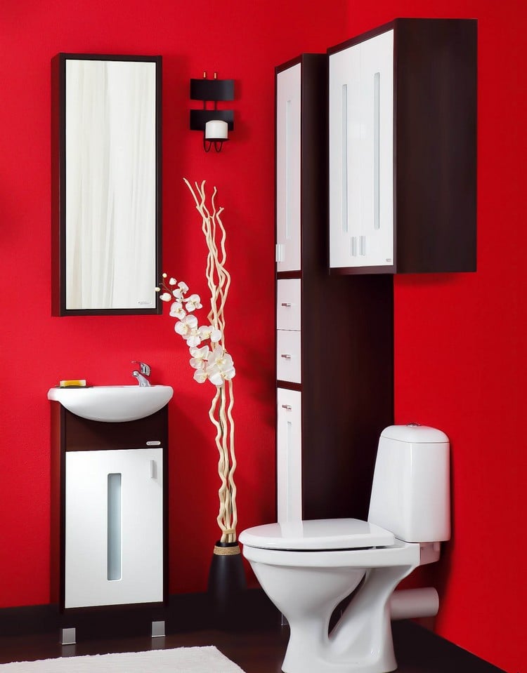 mobilier salle de bain vasque-armoires-peinture-rouge
