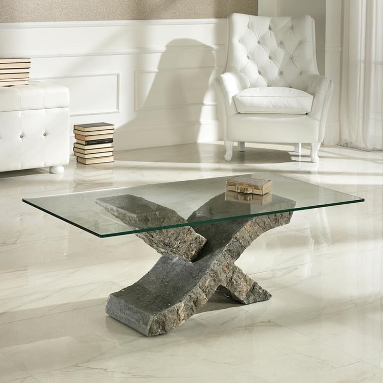 table basse en pierre et verre-pied-pierre-fossilisée-forme-x