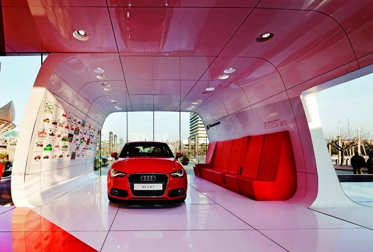 aménagement-garage-moderne-minimaliste-plafond-design-rouge-blanc-carrelage