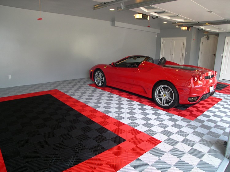 aménagement-garage-moderne-sol-béton-gris-rouge-ferrari