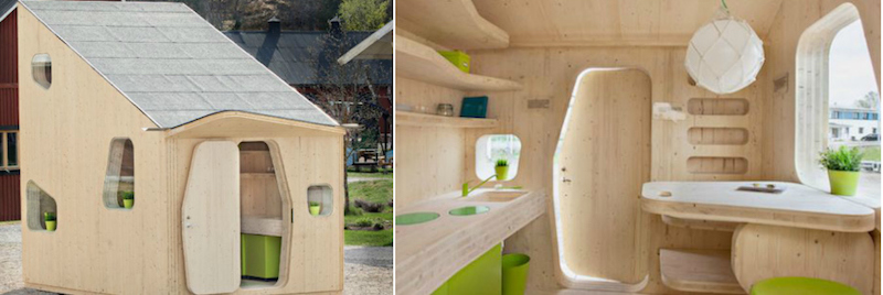 extérieur et intérieur de la cabane en bois habitable maisonnette-étudiant-DIY-bois-recyclé