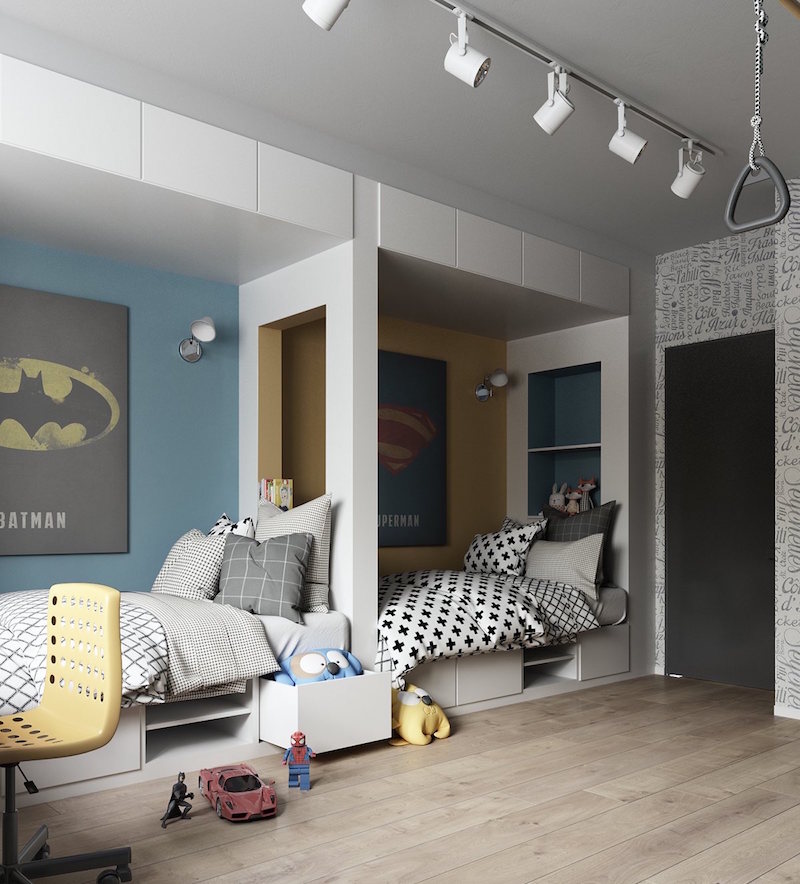 chambre-2-enfants-lits-niches-tiroirs-rangement-posters-muraux