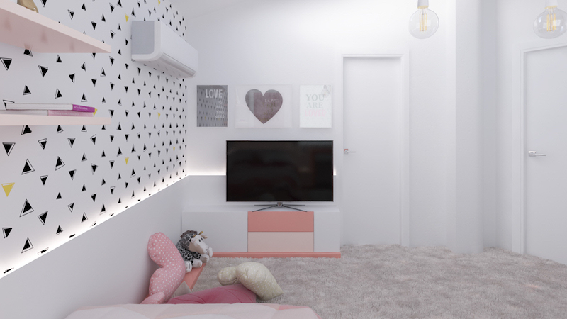 chambre-fille-blanche-meuble-télé-rose-papier-peint-géométrique