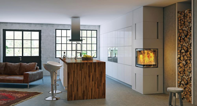 cheminee moderne -angle-foyer-fermé-avec-insert-cuisine-blanche-îlot-bois