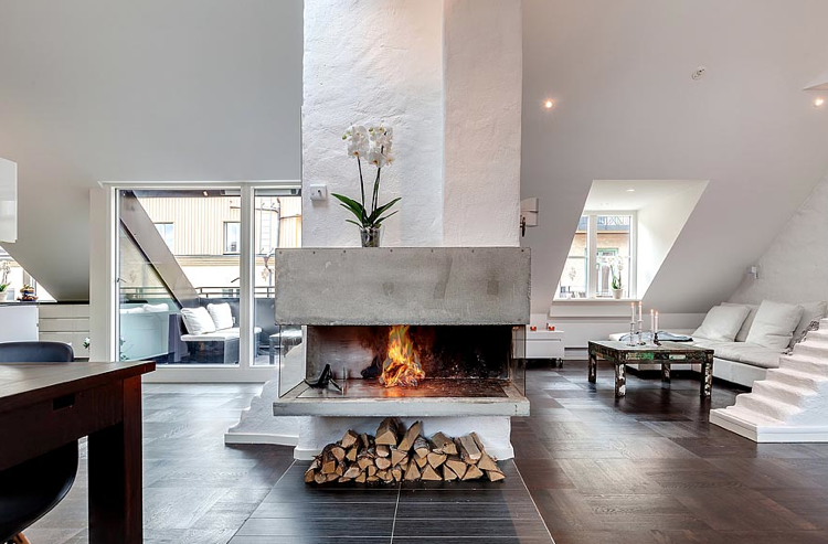 Cheminée moderne centrale ou d'angle pour réchauffer l'intérieur