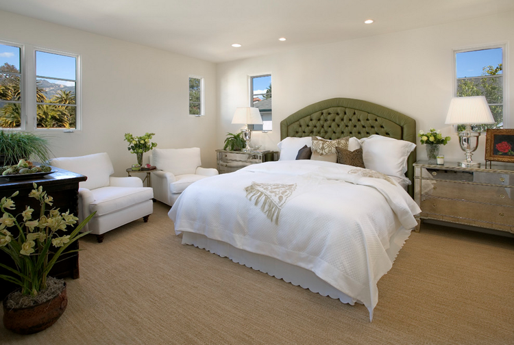 decoration zen -chambre-coucher-tête-lit-verte-déco-florale