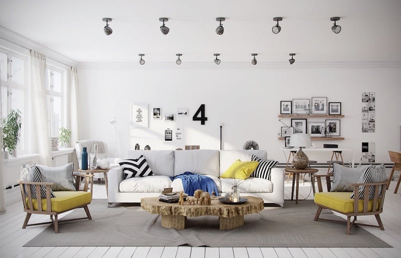 décoration scandinave salon blanc-meubles-bois-massif-accents-jaunes