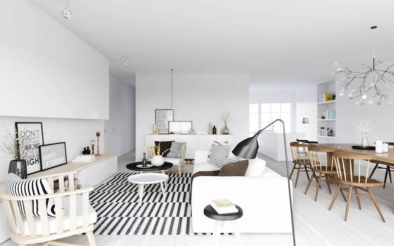 décoration scandinave du salon tapis-noir-blanc-rayé-chaises-bois-tables-rondes