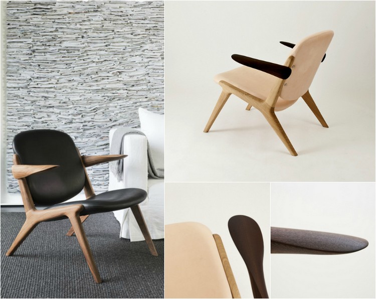 fauteuils design bois-clair-foncé-siège-dossier-cuir-noir-beige-Miyazaki