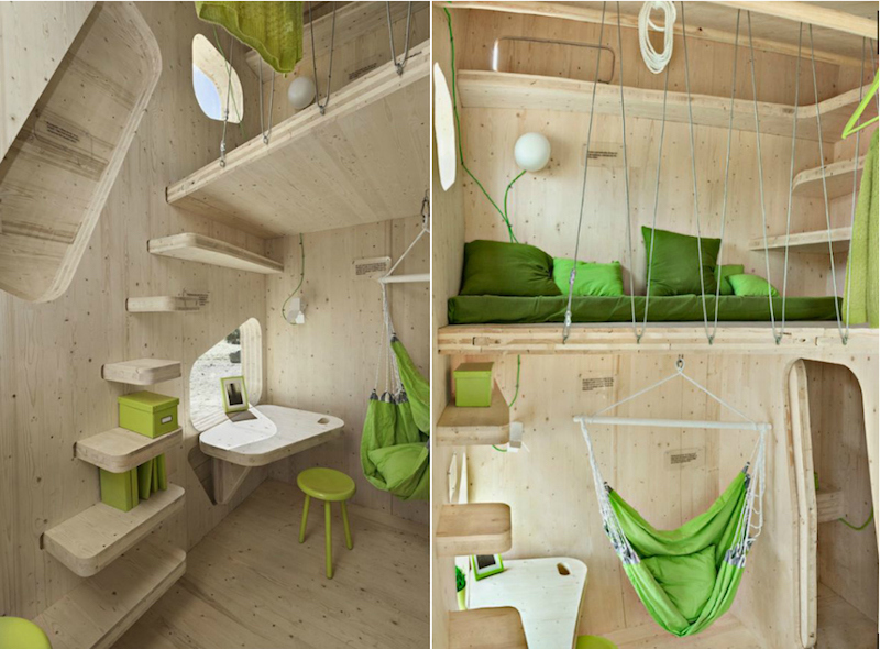 intérieur de la cabane en bois recyclé habitable avec lit-mezzanine-chaise-hamac