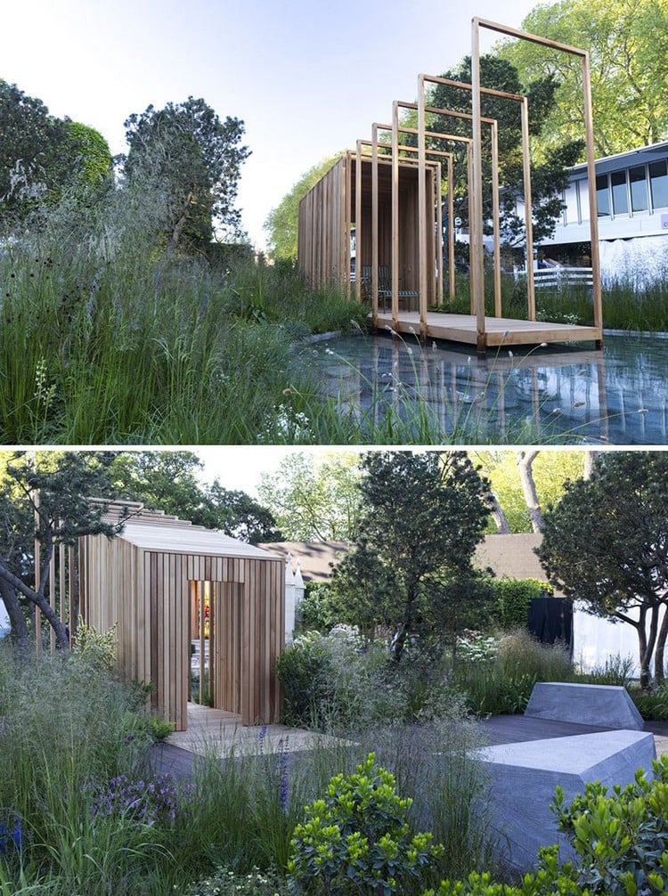 jardin design abri-bois-massif-forme-originale