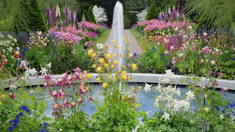 jardin-ornement-fleurs-multicolores-fontaine-allée