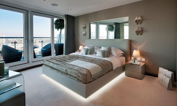 lit avec led -blanc-moderne-peinture-grise