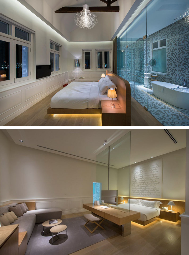 lit avec led -intégré-dessous-chambre-hôtel-salle-bains-attenante-éclairage-indirect-corniche-lumineuse