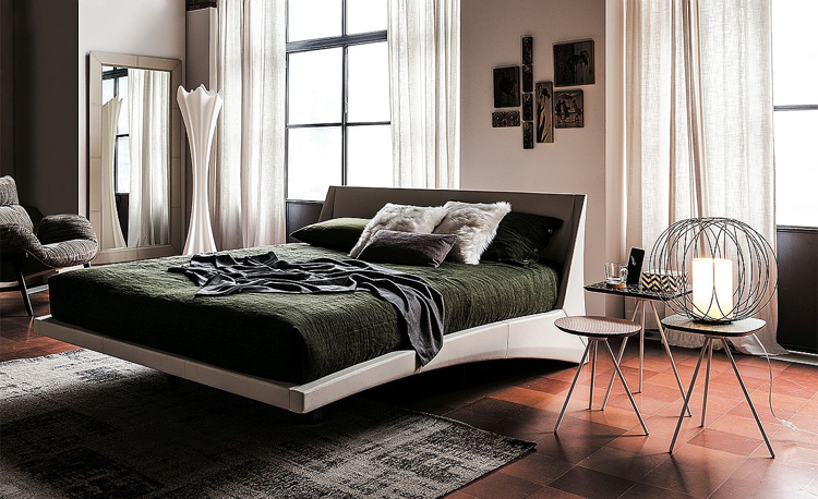 lit deux places design -moderne-revêtu-tissu-gris-clair-table-chevet-acier-Dylan