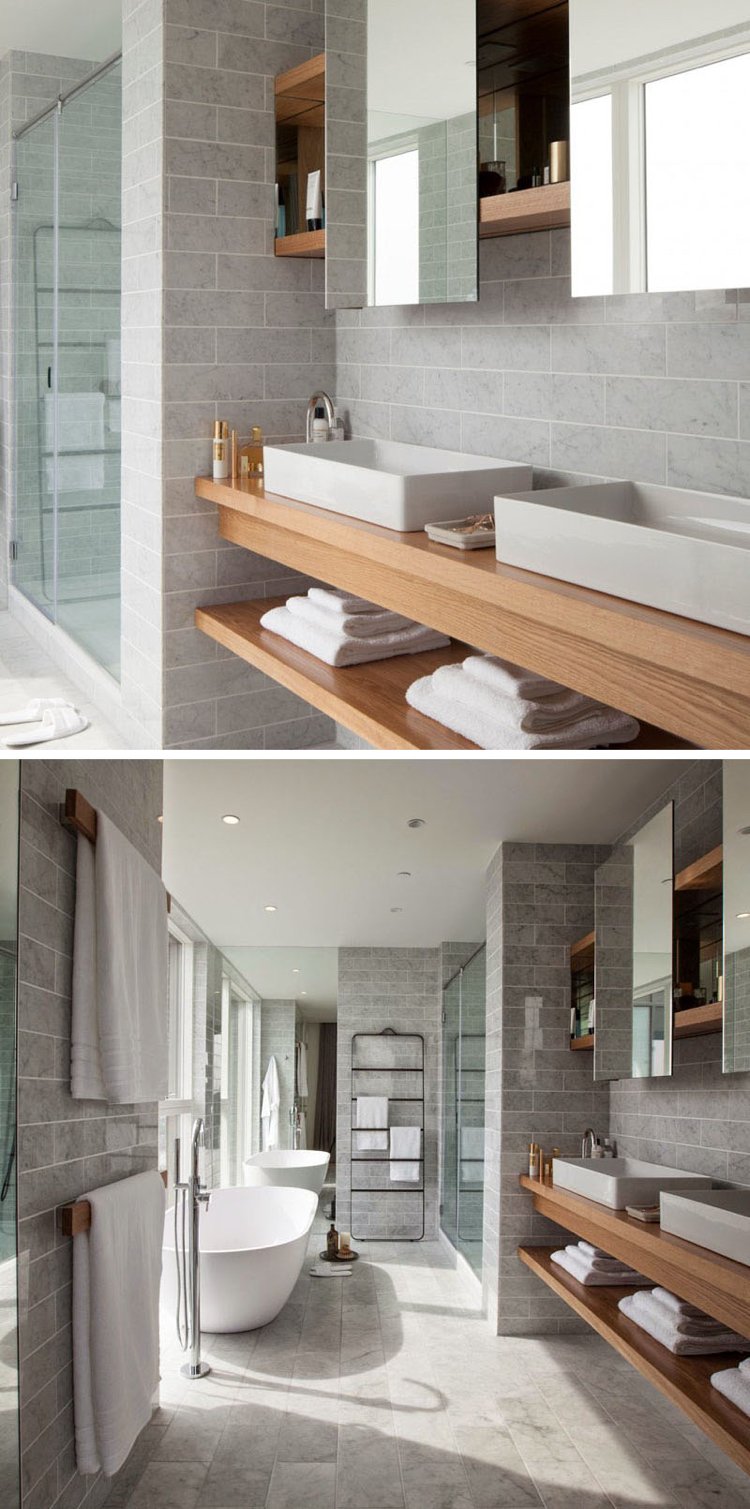 meuble sous lavabo salle de bain -bois-massif-étagère-ouverte-vasques-rectangulaires-carrelage-gris