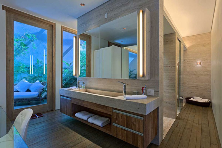 meuble sous lavabo salle de bain -bois-massif-plan-vasque-pierre-travertin-miroir-lumineux