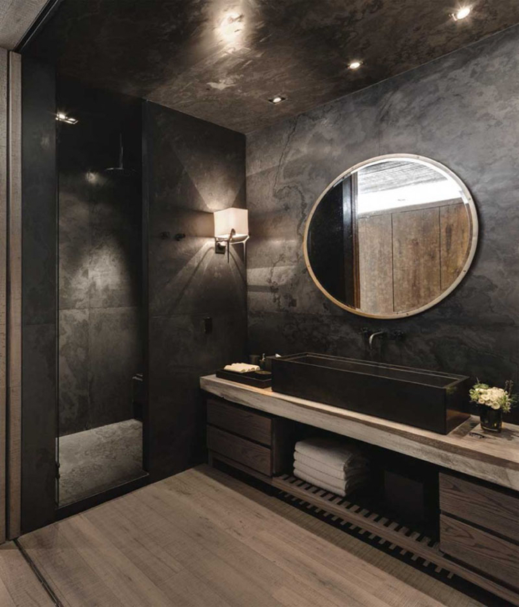 meuble sous lavabo salle de bain -moderne-tiroirs-bois-étagère-ouverte-miroir-rond-peinture-effet-béton-ciré