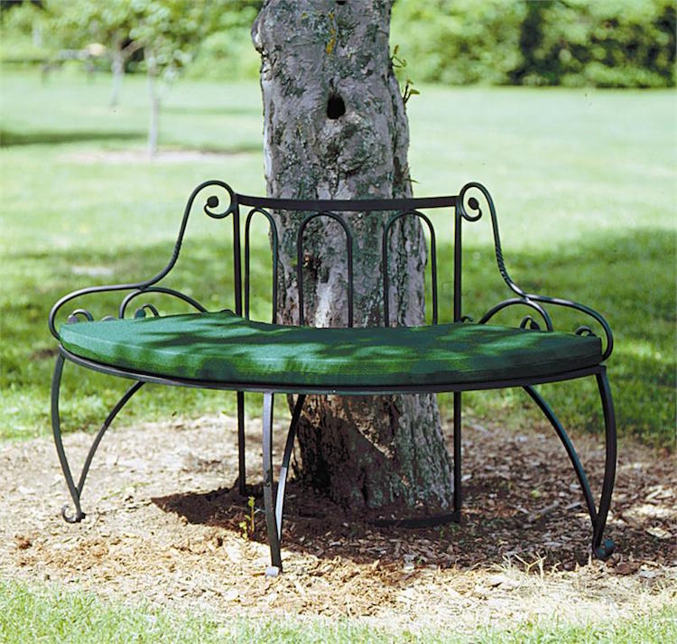mobilier-jardin-fer-forgé-banc-demi-tour-arbre-coussin-assise-vert