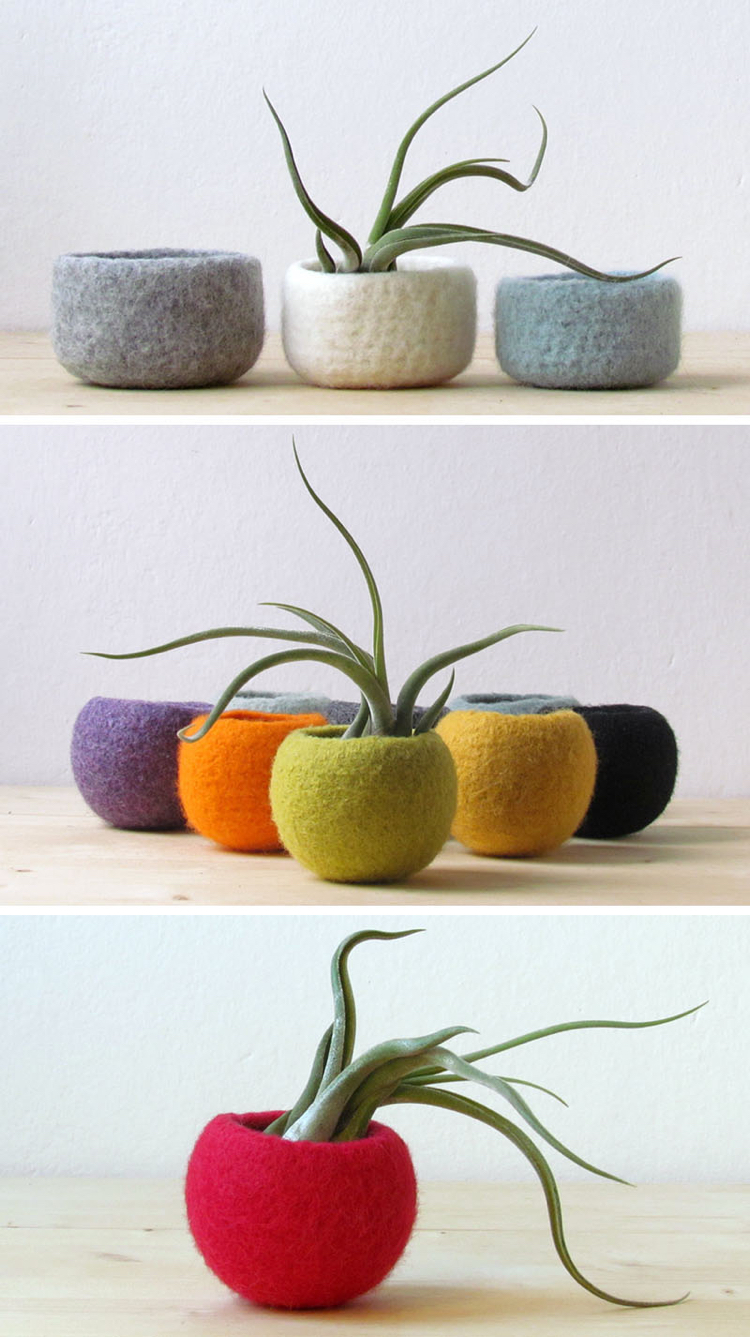 petit pot de fleur -rond-laine-feutrée-multicolore-plantes-aériennes