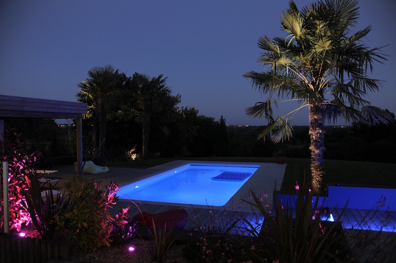 petite piscine enterrée rectangulaire à éclairage-LED-palmiers-Caron-piscines