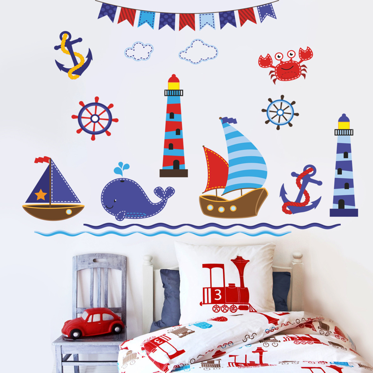 stickers muraux -paysage-maritime-bateaux-baleine-phare-déco-thématique-chambre-petit-garçon