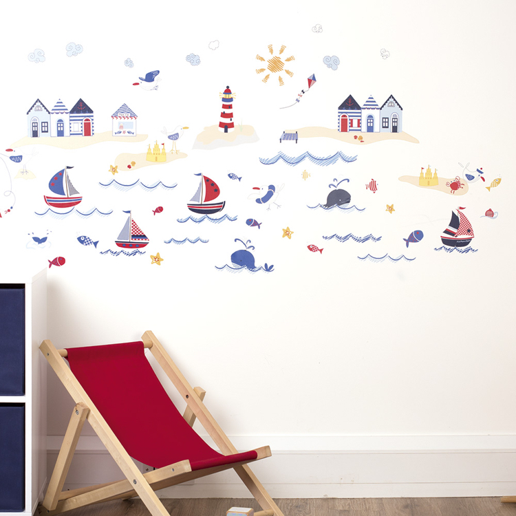 stickers muraux -voiliers-vagues-plage-décoration chambre enfant