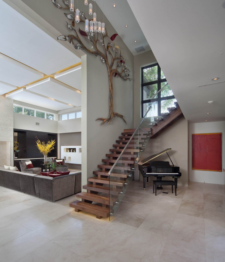 aménagement sous escalier -piano-queue-escalier-bois-moderne-carrelage-pierre
