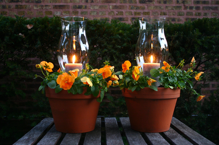 bougies-extérieur-pots-fleurs-verre-coupe-vent-lampe-pétrole
