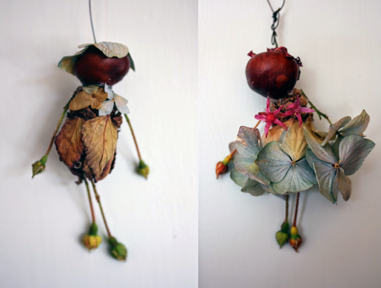bricolage d’automne enfants-suspensions-poupées-fleurs-séchées-marrons-pommes-pin