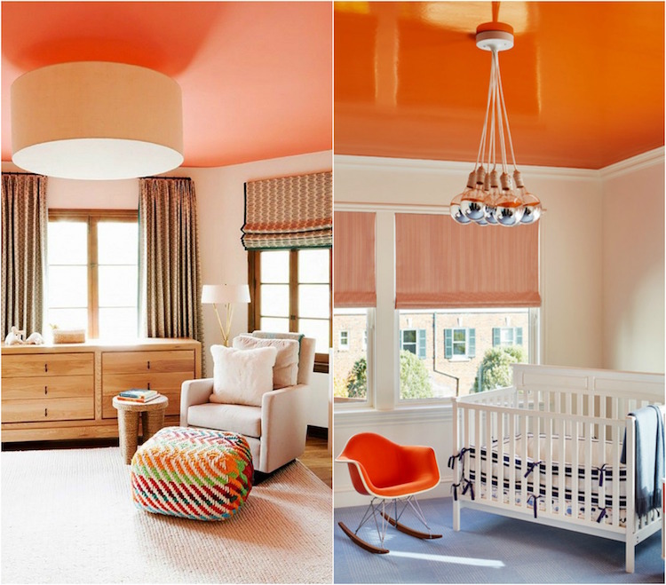 comment peindre un plafond -orange-chambre-bébé-chaise-bascule-stores
