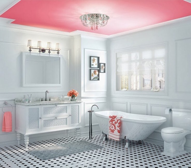 comment peindre un plafond -rose-salle-bains-blanche-carrelage-rétro