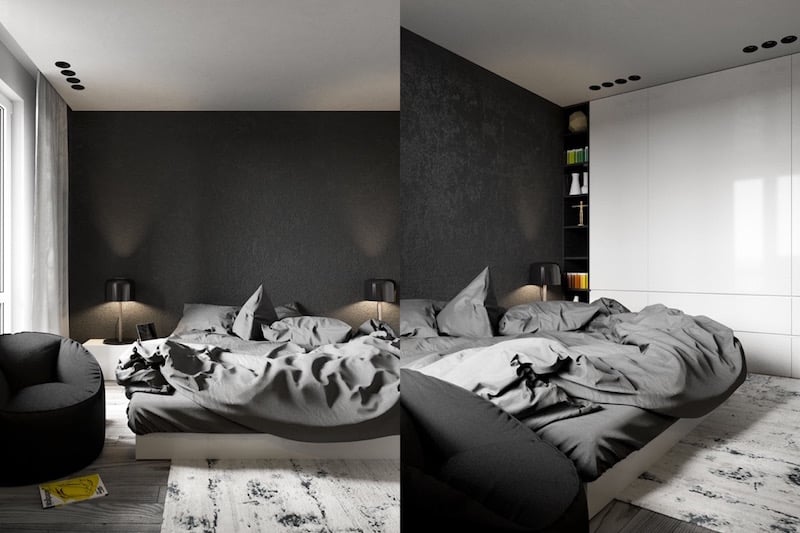 déco-chambre-coucher-adulte-blanc-noir-idées-meubles-textile