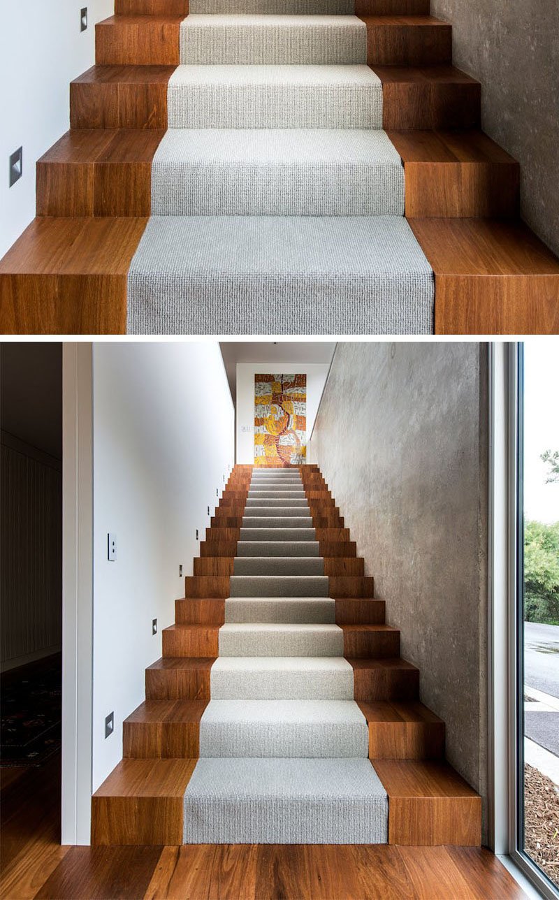 escalier intérieur en bois-massif-chaleureux-tapis-escalier-gris