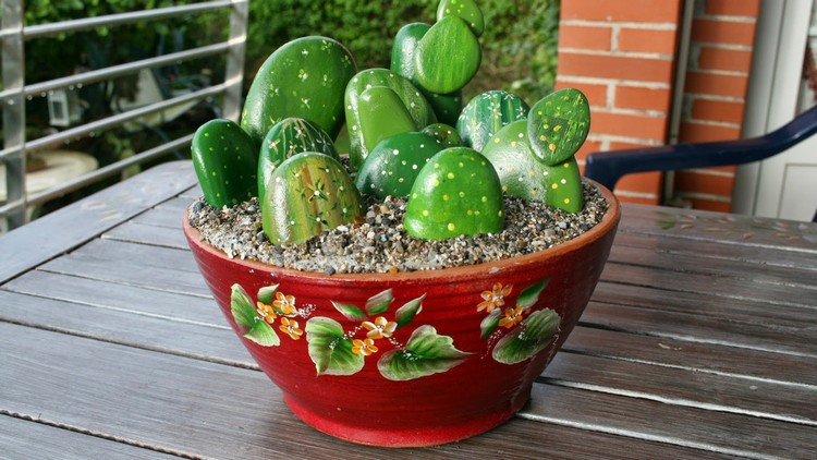 galets pour jardin cactus-vert-gravier-pot-céramique