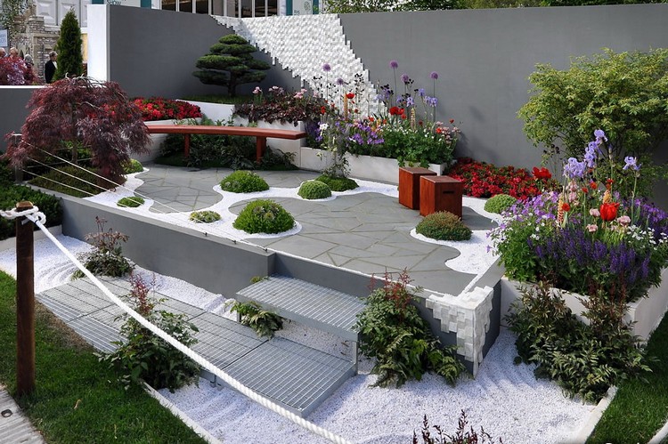 jardin contemporain banc-bois-massif-déco-gravier-galets