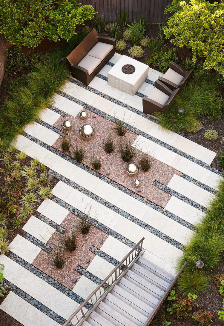 jardin design contemporain -déco-galets-gravier-graminées-ornement-coin-lounge