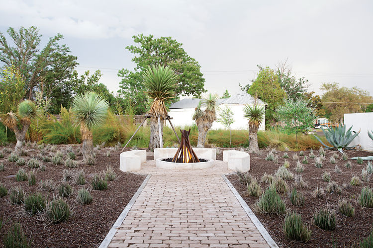 jardin design contemporain -minimaliste-touffes-graminées-ornement-feu-extérieur
