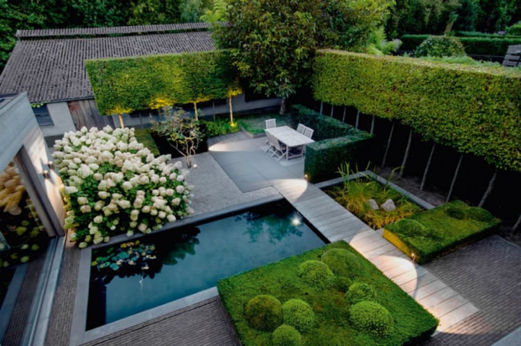 jardin en ville –moderne-style-formel-buis-arbuste-fleuri-bassin
