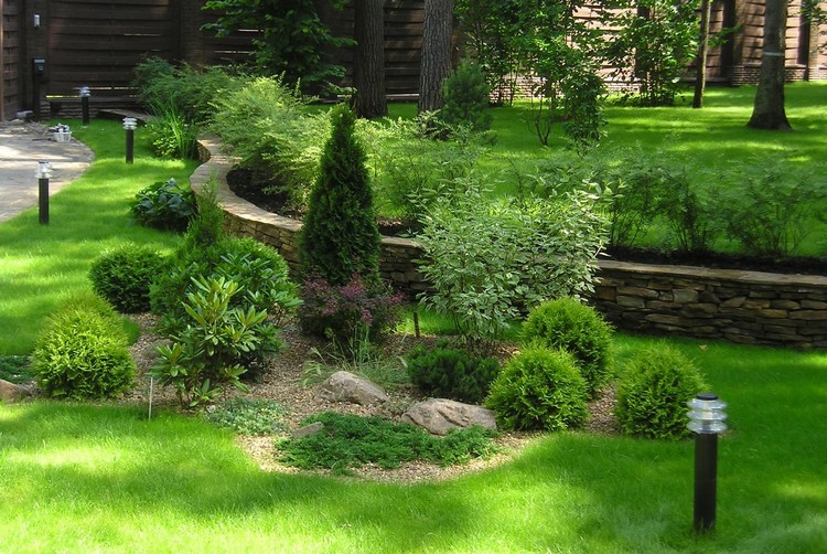 jardin de rocaille verdure-buis-cône-arbustes-murs-soutènement